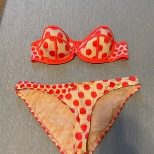 Coral and cream strapless polka dot baiting suit- small
